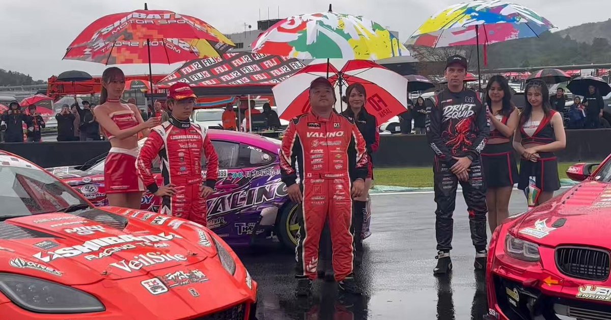 Formula Drift Japan 2026 Rd.6 podium at Okayama International Circuit, from the official FDJ X post naming Koudai Sobagiri the 2026 champion