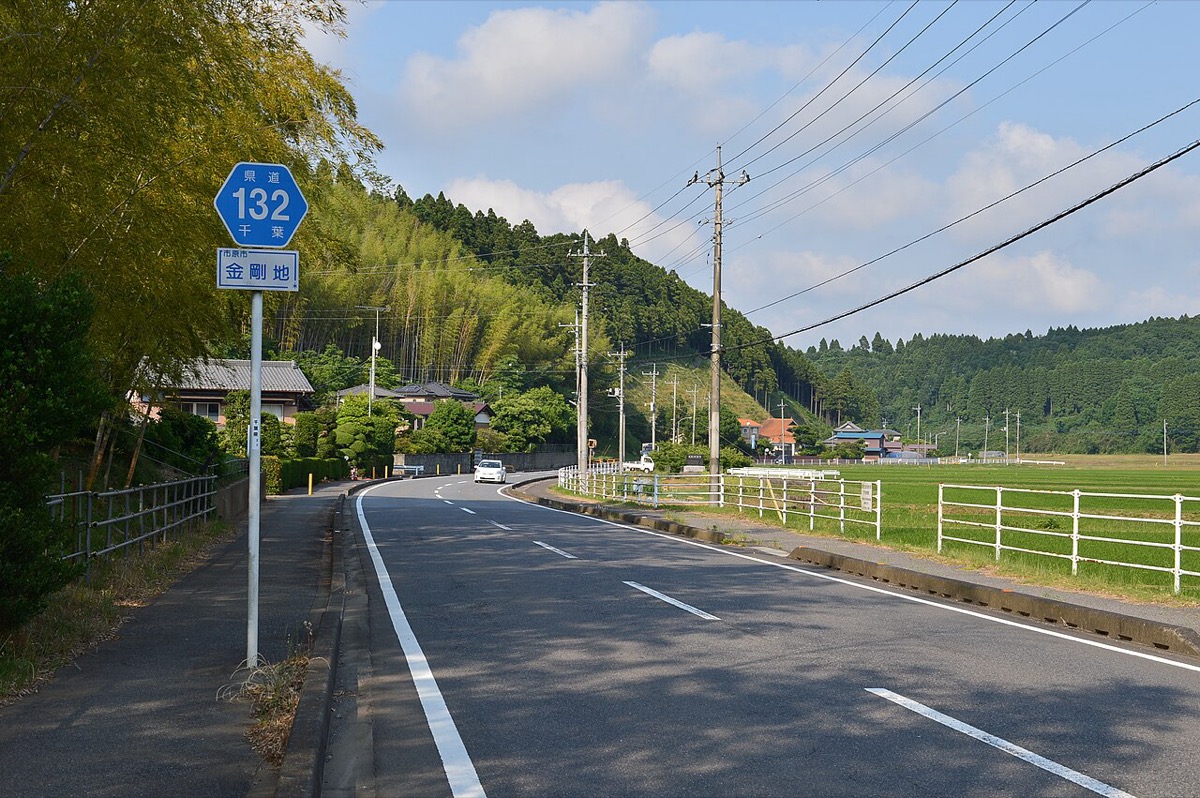 Chiba Prefectural Route 132 in Kongochi, Ichihara, with a blue route sign reading 132 and Kongochi, wooded hills and rice fields beside the road