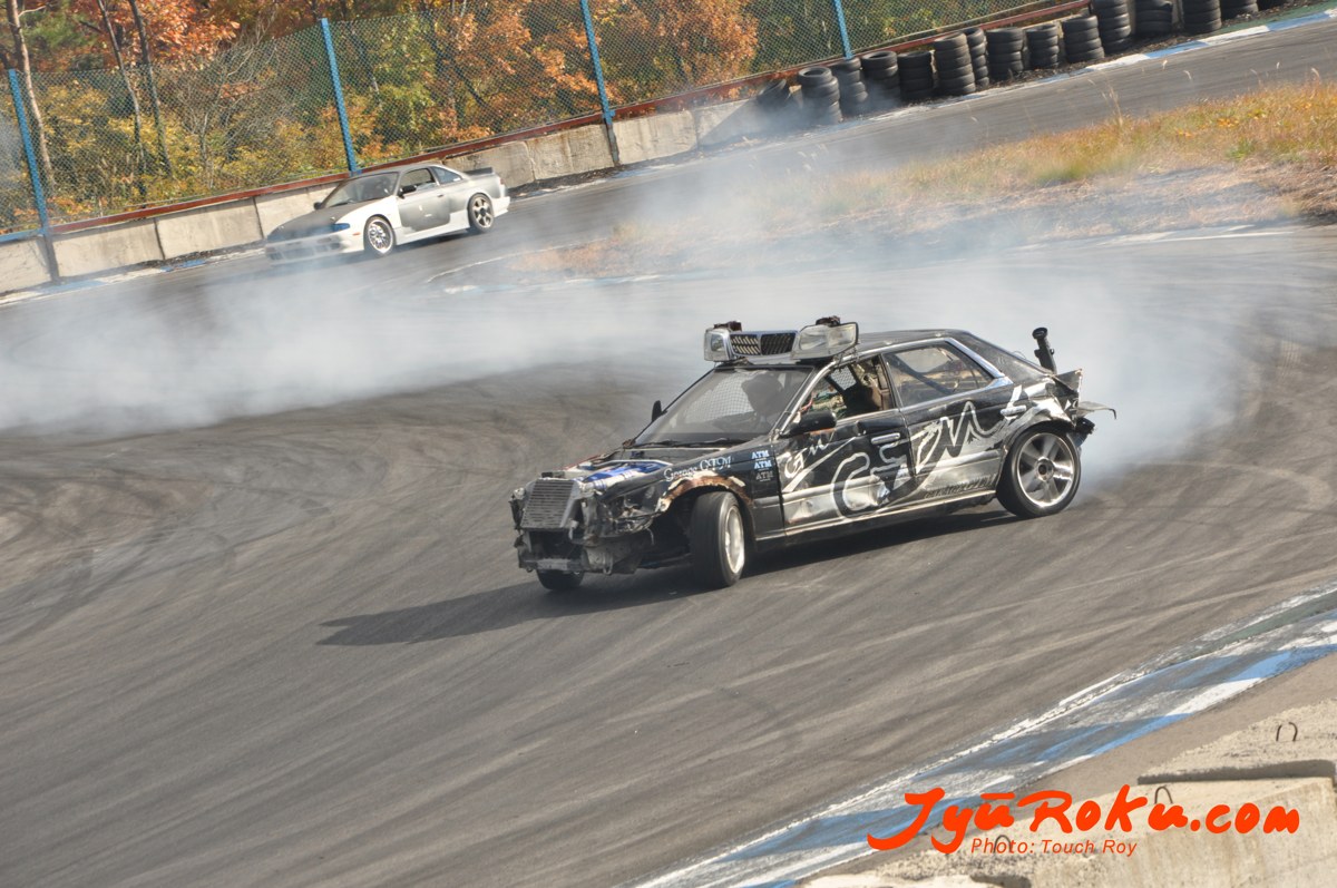 A drift car sliding at Ebisu Circuit in Fukushima, Japan