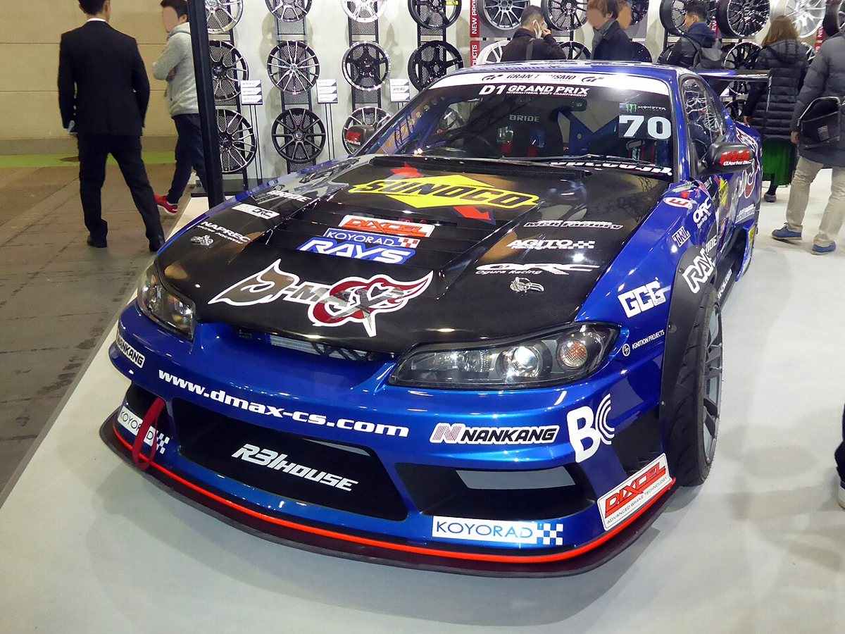 Masashi Yokoi's #70 D-MAX Nissan Silvia S15 D1 Grand Prix car on display at Osaka Auto Messe 2019