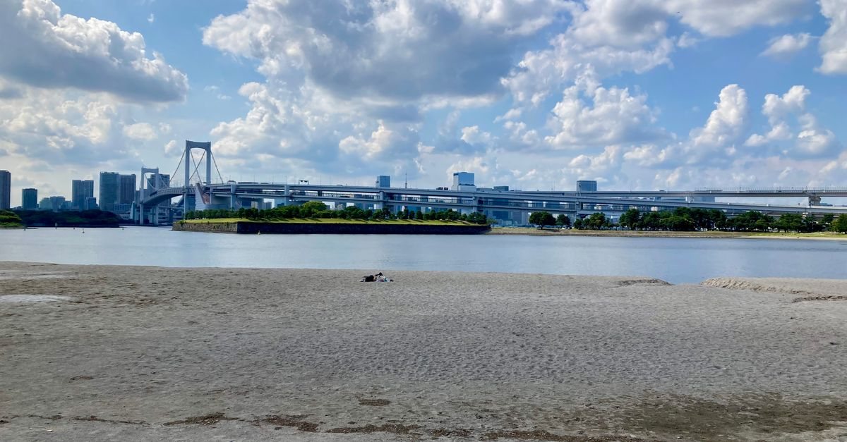 Odaiba beach on a sunny day, looking across the water to Tokyo's Rainbow Bridge and the tree-covered Daiba fort island